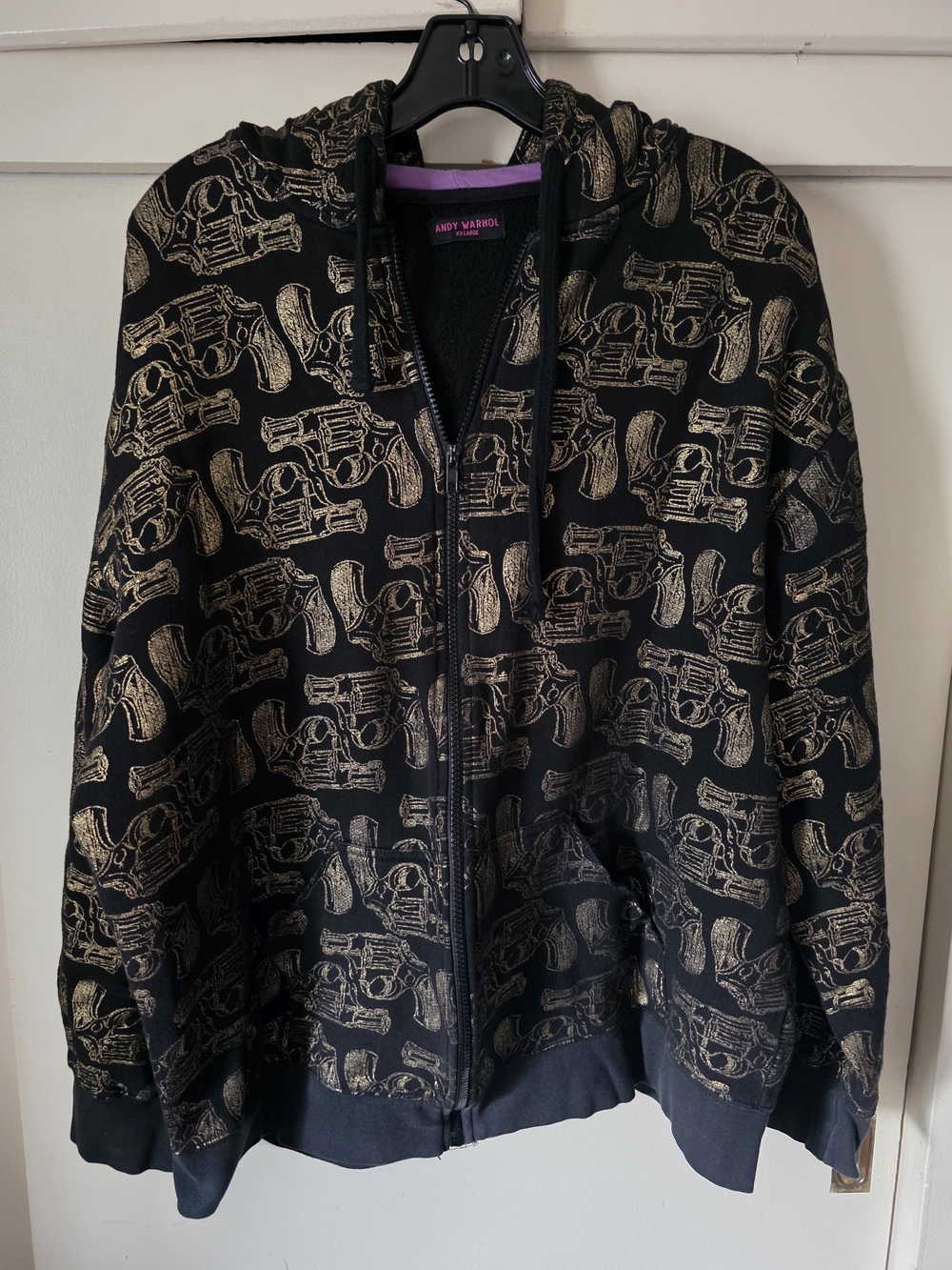 Andy Warhol Black Zip-Up Hoodie with Gold Revolver Print